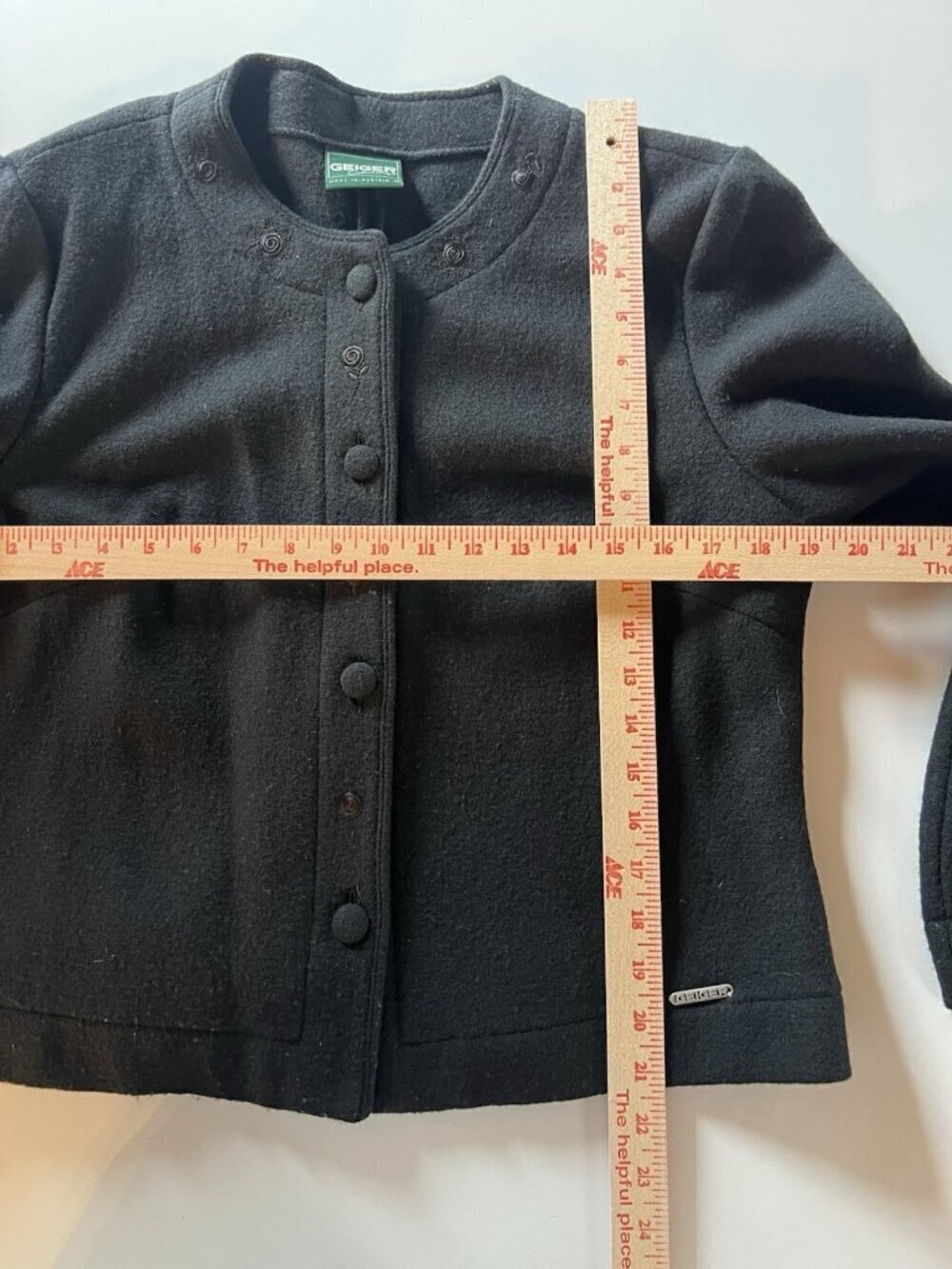 GEIGER black collarless short wool jacket embroidered lightweight Vintage 40(M) - Picture 7 of 9
